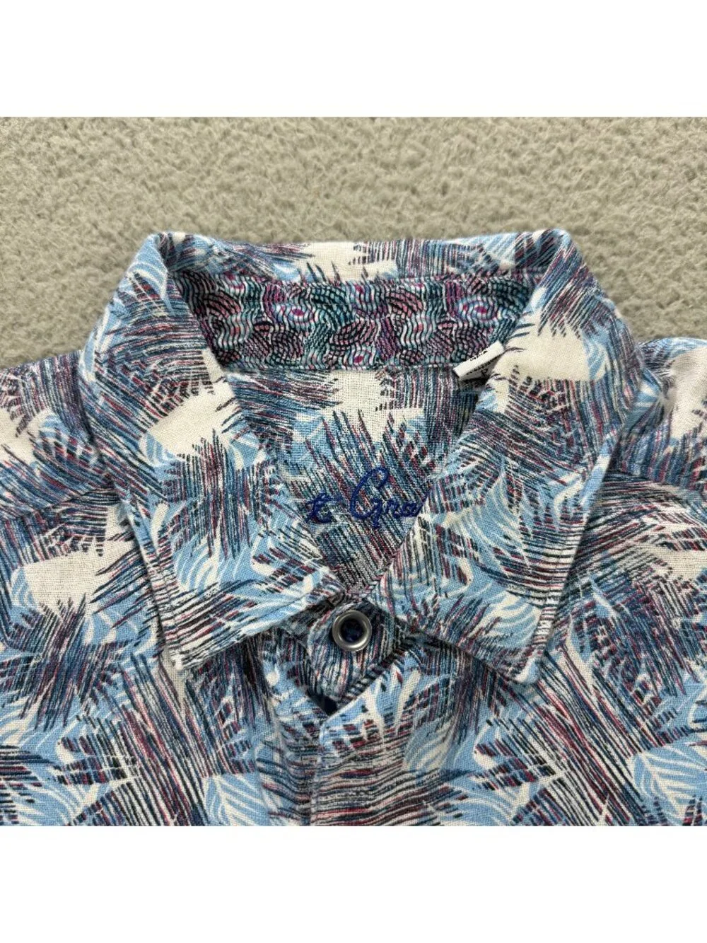 Robert Graham Shirt Men Small Blue Morrone Tropical Linen Short Sleeve Button Up